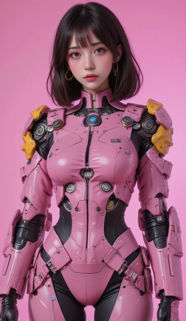  Cute Female Robot , heavy weapons,  with glowing pink joints and gaps , 新 super detailed ,  brightly colored ,  dynamic pose,  highly detailed face and eyes , Complex Mechanical Design, Fantastic, Pastel Palette,  photorealistic,  cinematic lighting,  soft lighting ,  chiaroscuro,  cinematic lighting, Fuji Color, 8k, masterpiece, U high res, retina, masterpiece, Accurate,  anatomically correct ,  textured skin ,  super detailed ,   high detail ,  High Quality ,  Award-winning , 最 High Quality ,  high res, 1080P,  high res, 16k,  SHORT BOB HAIRCUTS ,  medium breasts,  messy hair,  two-tone、 sexy、 snapshot、 steampunk、High leg style