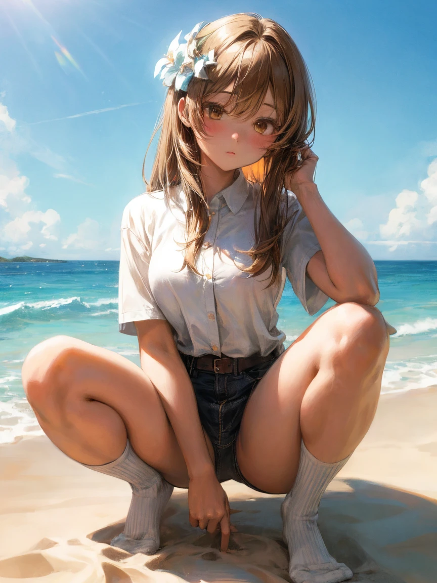 (masterpiece, highest quality:1.2)、(1 girl),, long brown hair, sand beach, _white_Shirt、Burnt skin、brownish colors、Loose Socks、Panchira、open legs