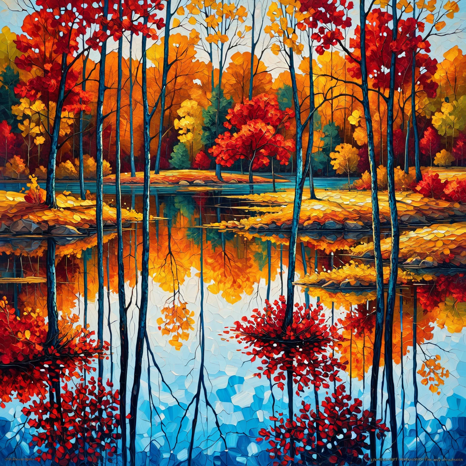 Best quality,high resolution,best composition,complex oil painting,impasto oil painting,abstract art,high quality oil painting,palette knife painting,cubist wood painting,abstract oil painting,acrylic painting,expressive rustic oil painting,brush stroke oil painting, hardwood trees with red leaves standing in the lake, stunning nature in the background, trees reflected on the lake surface,  beautiful reflection, breathtakingly beautiful trees, photo of amazing colors, reflection on the water surface.