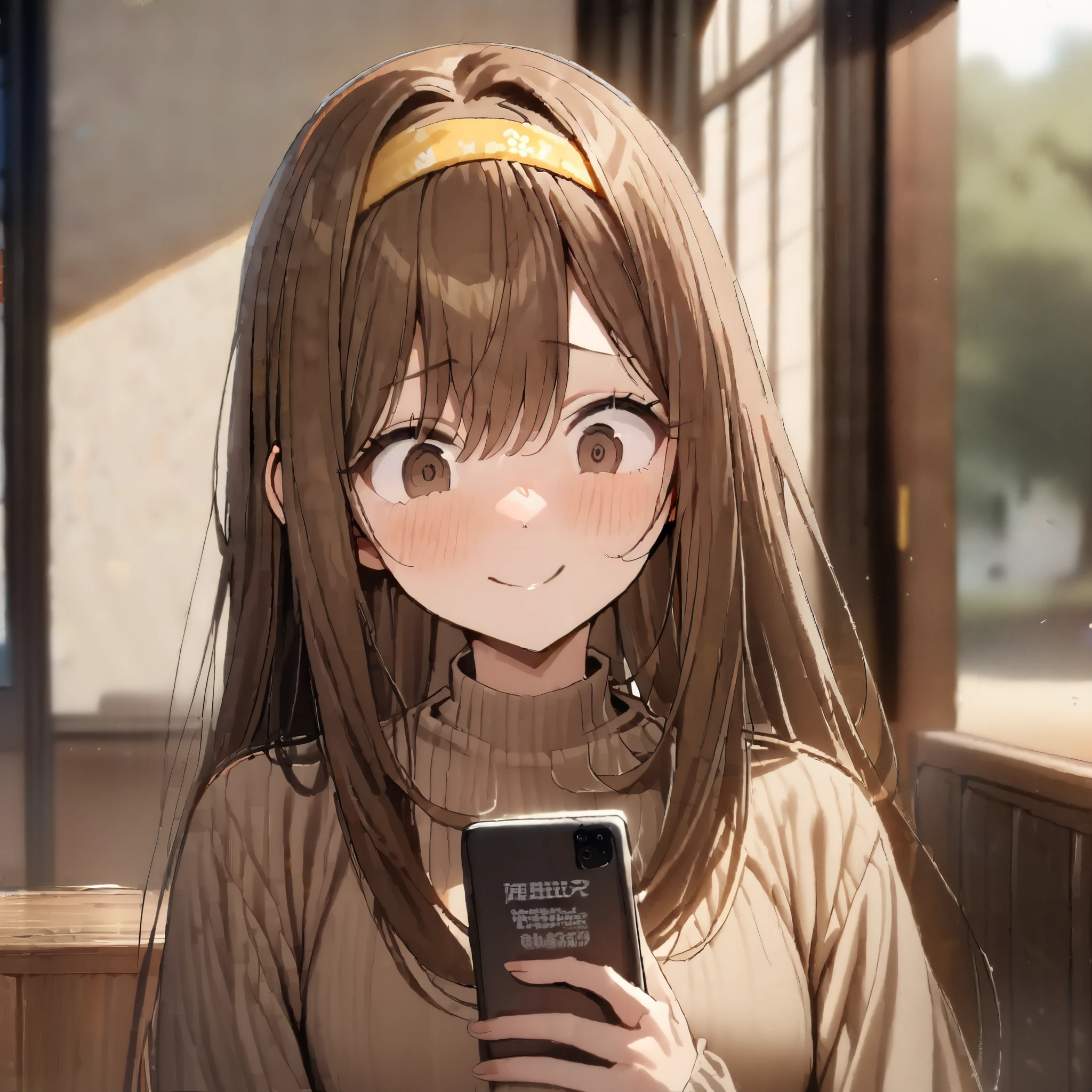 Anime girl with long brown hair holding a cell phone - SeaArt AI