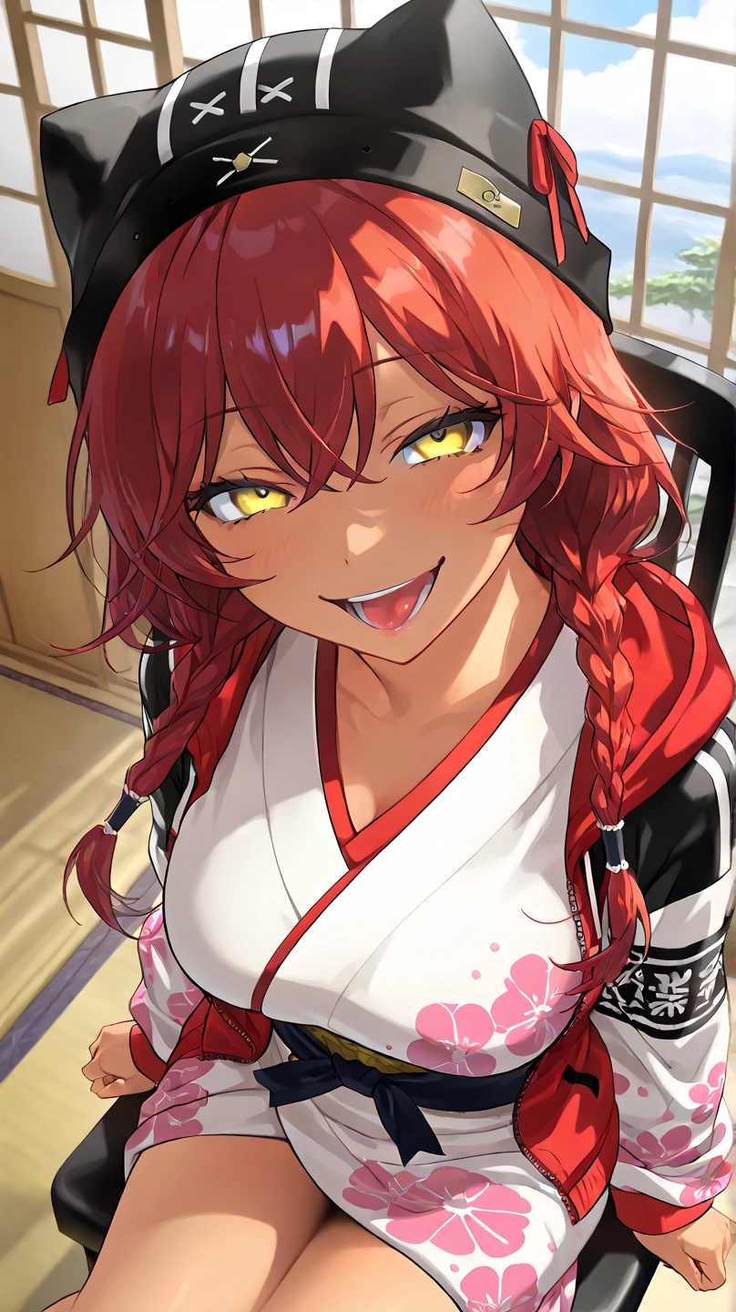 ,  High Quality , 最 High Quality , masterpiece,  high res, detailed face , anatomically correct , 
 yellow eyes,  red hair,  braids,,  wearing a black beast ear hat , 1 girl, solo, Dark Skin, brown skin, adult woman, Beautiful Women,Beauty,
Inside a Japanese house(Japanese-style room),Sliding doors,Outside view( Beach )
samurai, white kimono on top (Cloud pattern kimono ),着物の上に red hoodieを着ている,Tops( red hoodie)

Sitting with the chair facing backwards,

 close-up, from your hand and direct your gaze, Medium build,accurate, slightly larger breasts,
smile, ecstatic expression beside the piano,excited, tongue, open her mouth ,mischievous personality , seductive smile ,Her eyes are frowning ,Up to the thighs,Draw her in a larger size,Crazy look, mischievous face , teasing viewers who are staring at me
High angle , angle from above
, frowns, staring with thin eyelids,Eyes on garbage, contemptuous eyes , murderous eyes