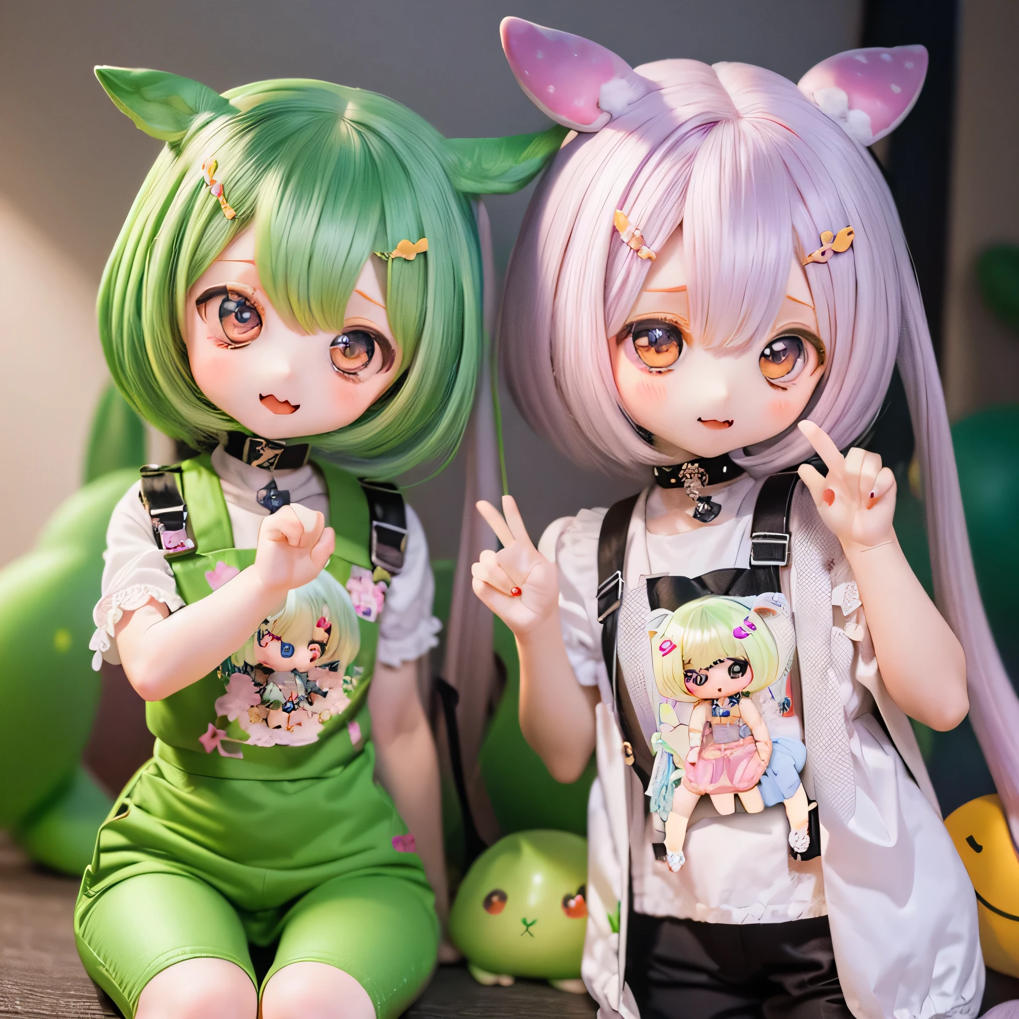          green-haired Zundaman in a cute pose(((((Chibi)))))play、(((   Mother and daughter)))