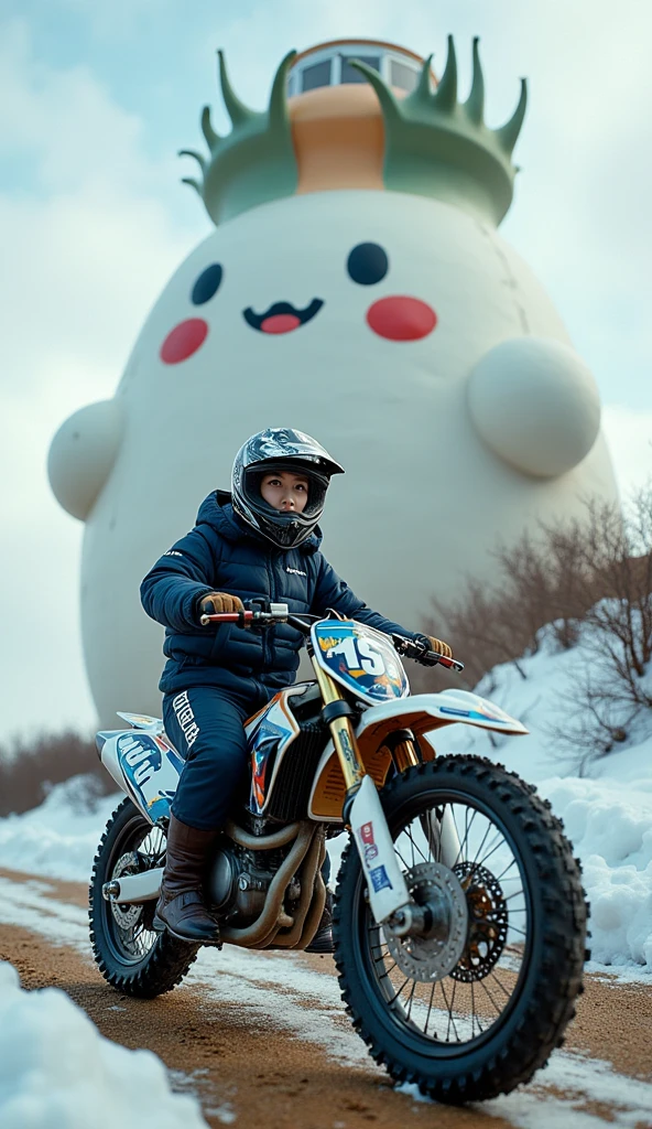 ultra-realistic, photorealistic, dramatic scene, shadow, global-illumination, solo, very beautiful Japanese woman, she is high school student but professional off-road motorcycle rider, She is riding a Kawasaki's off-road motorcycle, in front of the huge daikon radish shaped lighthouse on the cliff, at the snow covered dirt road, wearing a very cute fast-look neon patterned winter riding jacket with warm over pants, leather winter glove, loose fitting wears, wearing a fast-look patterned SHOEI full-face off-road-helmet with a transparent visor, beautiful detailed her eyes, the white daikon that printed on the side of her motorcycle is 1 daikon\(large, very cute white daikon radish character, very cute smiled face, detailed surface texture, chubby, medium-long, full body\), professional lighting, warm winter sunshine, she looks so happy, She shows exceptional skill in high-speed riding, (amazing view of ocean with a daikon radish painted lighthouse), lighthouse\(large, very cute white daikon radish character, very cute smiled face, chubby, medium-long, full body, small hands\), (shoot from below)