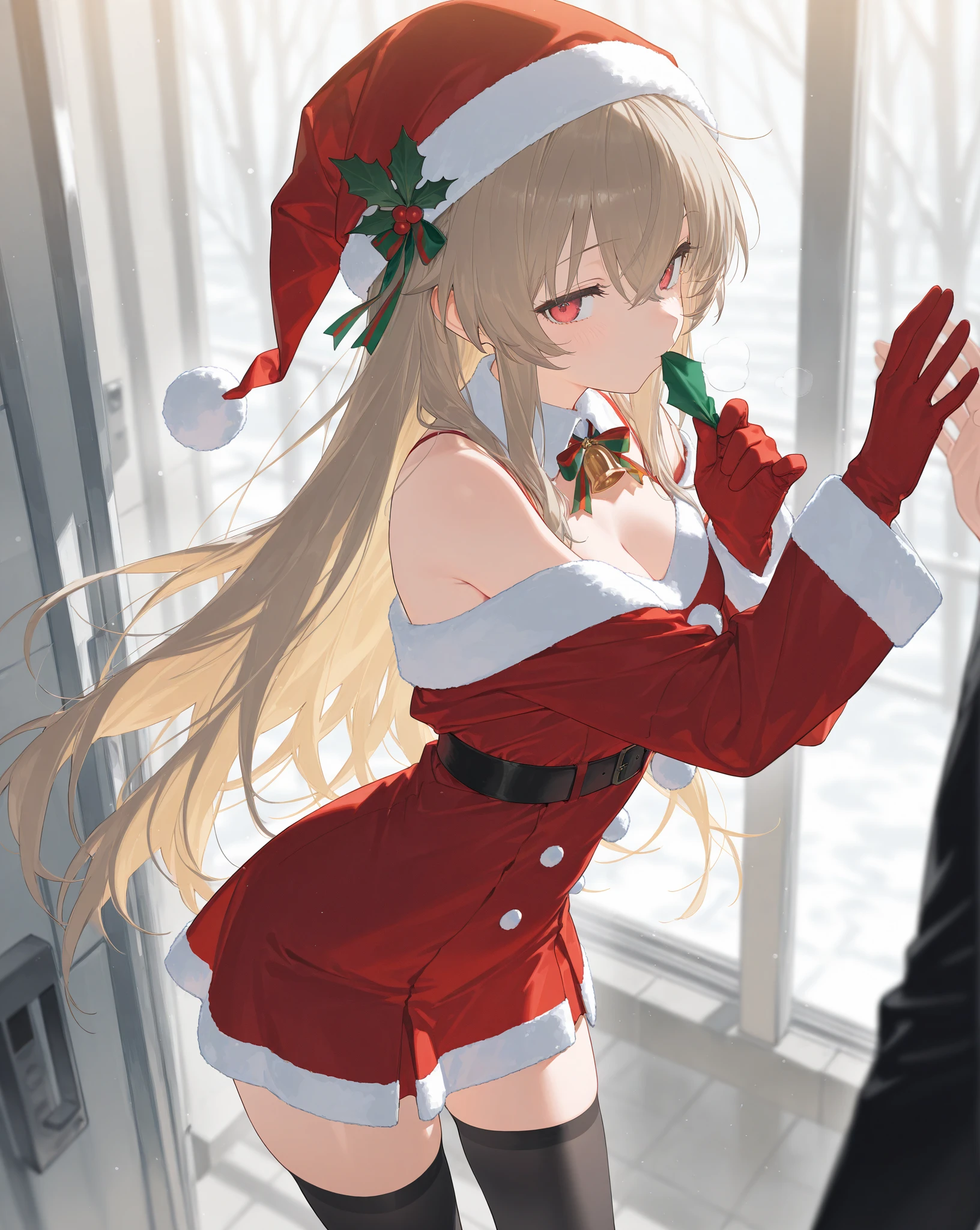 ((2D beautiful girl、top-quality、Perfect Finger 1.5、Perfect Anatomy 1.5、extremely delicate and beautiful illustration))、(Blur the background:1.3、(transform sequence)、((santa leotard))、14years、(beautiful slender girl)、Fractal Art、baby-face、((stright long hair))、Beautiful big drooping eyes:1.1、Small, open-mouthed smile、(Full body depiction:1.1)、(1 persons)、Christmas Party、Cat's ears、leotard、christmas leotard、(tights)、