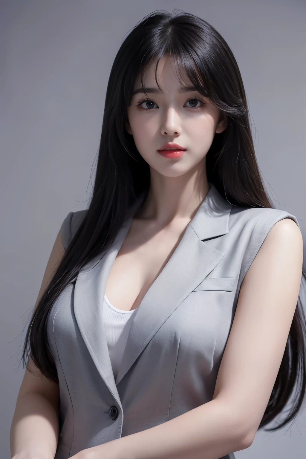 masterpiece， BEST QUALITY WITH THE BEST， high-resolution ，8K，((portrait))，( close-up head )， original photo，真实照片，Digital photography，( Queens of the Modern World )，(female president)，20-year-old girl，Straight long hair， through bangs ， amazing amount of hair ，Red eye hair )，Big ，Chest groove， Accessories，Slightly open lips， Keep your mouth sweet and charming，Serious and arrogant，Calm and handsome，(Women's Business Wear ，black)，Photo poses， Realisticstyle， grey background， oc rendering reflective texture 