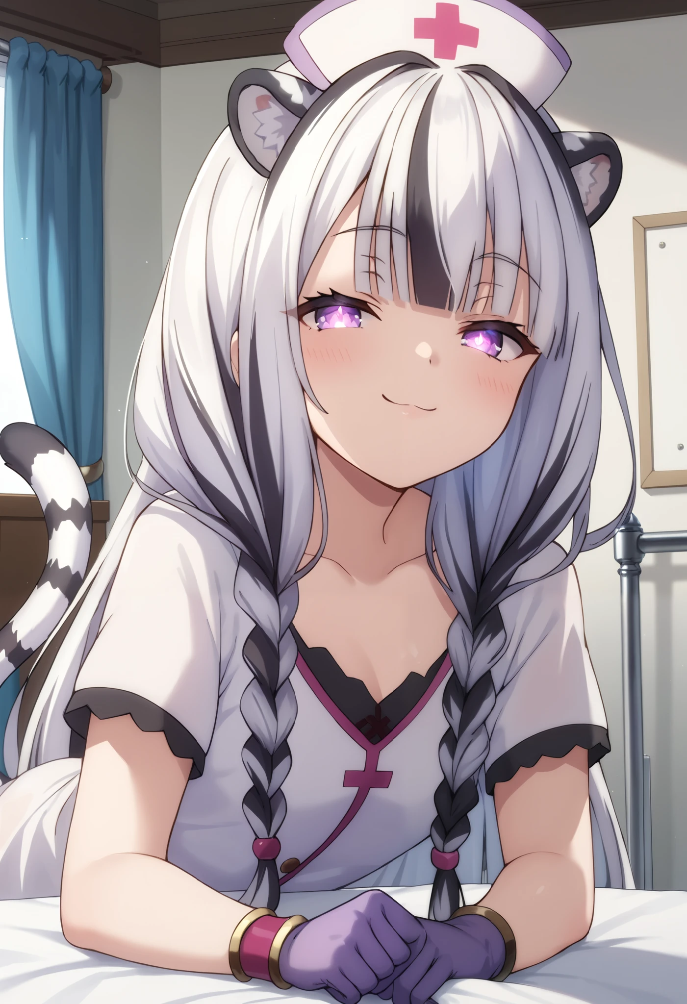 ((masterpiece)), 1girl, solo, long hair, white hair, black hair, multicolored hair, white tiger ears, white tiger tail, half-lidded eyes, purple eyes, glowing eyes, cute, smug smile, low twin braids, nurse outfit, purple outfit, black outfit, multicolored outfit, cat smile, bracelets, wearing gloves, proctologist, viewer POV, rubber gloves.