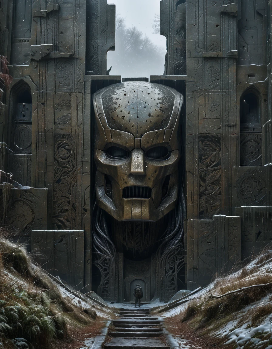 A striking dark surrealism artwork, reminiscent of Zdzisław Beksiński's unique style, a carvings depict the fierce visage of a robotic iron-man mask, intertwined with swirling snow and mythical patterns, now abandoned and half-buried in the shifting snows. The monument’s surface is cracked and worn, with faint traces of its legendary origin still visible. A group of figures stands nearby, dwarfed by the monument’s immense scale, gazing up at it in awe and wonder, as though seeking answers from a bygone era of myth and magic.