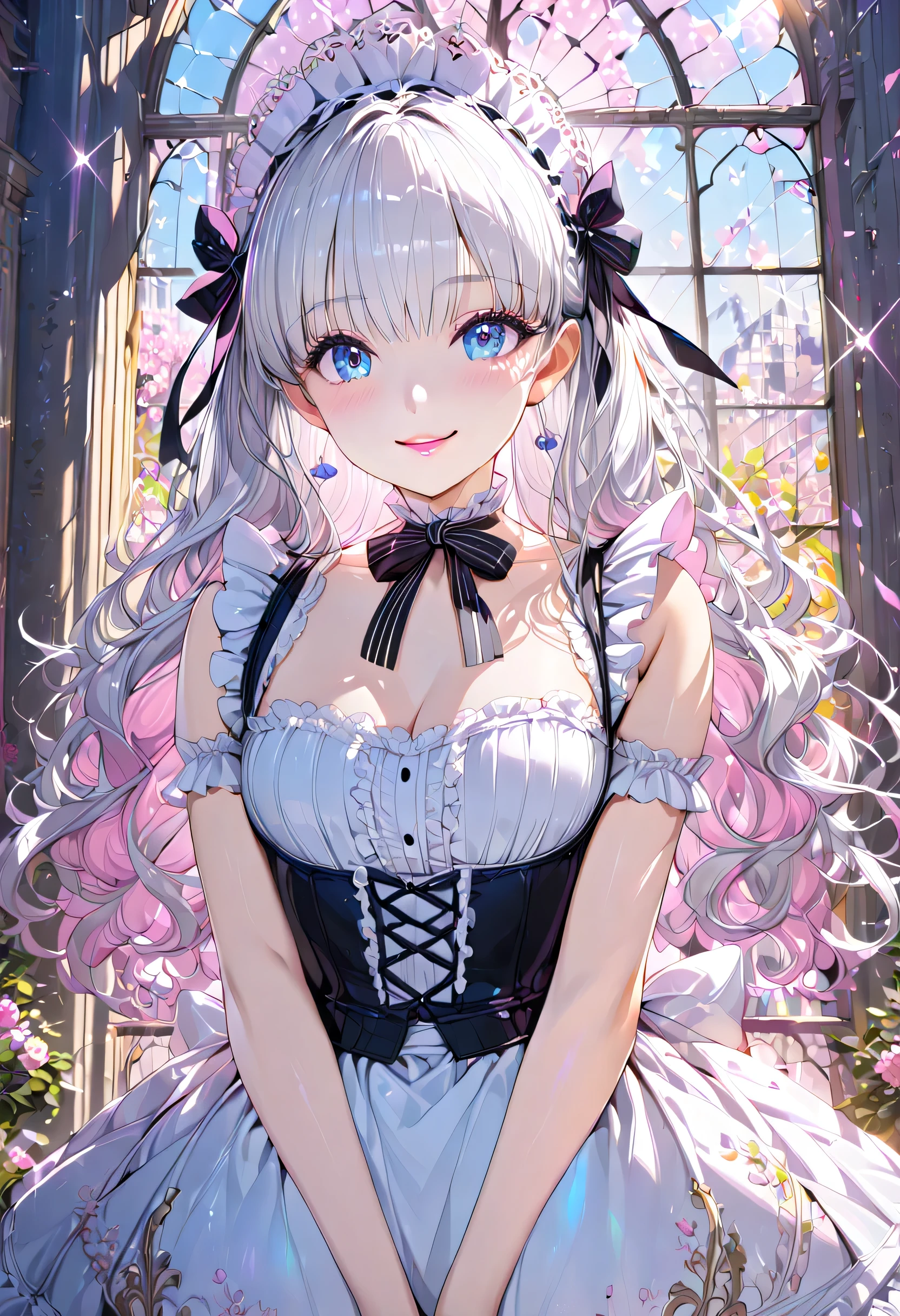 ((ultra-detailed)), (highly detailed CG illustration), (best quality:1.2), ultra-highly detailed, colorful composition, artistic photoshoot, 1girl, solo focus, ((thigh to top:1.4)), ((cowboy shot:1.4)), teenage girl, dainty facial structure, baby face, rounded chin, ((ideal ratio body proportions)), wearing oval glasses with a lightweight metal frame, in spirit chronicles celia claire style, wearing a frilly maid outfit, (silver hair color:1.3), twintail hair, blue eyes, sparkle eyes, expecting, pink cheek, blush, pink lips, ((curvy upper arm:1.4)), open clothes, french maid uniform, maid headdress, pure white lace panties, standing by the window in a room decorated in rococo style, portrait, depth of field, soft lighting, sidelighting, (shine), lighting, caustics, ray tracing, smile, perfect face, lustrous skin, highly detailed face, highly detailed eyes, perfect face, perfect nose, perfect hair, perfect eyes, perfect anatomy, beautiful hair, beautiful small face, extremely detailed face, beautiful detailed eyes, beautiful clavicle, beautiful body, beautiful huge breasts, leavage, breasts squeezed together, equalize the size of the left and right breasts, small pale pink nipples, beautiful thin thighs, beautiful legs, beautiful fingers, lovely, (very detailed background:1.0), (highly detailed background:1.0), spring aesthetic, intricate details, joyful atmosphere, spring colors palette, chromatic aberration