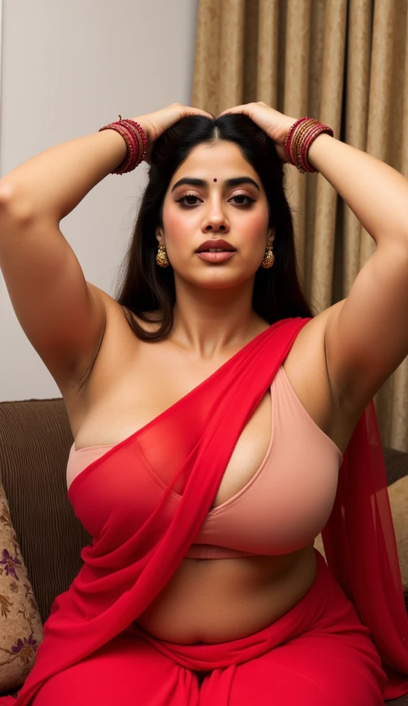 BBW, Indian mature woman wearing sleevless backless blouse and Saree , bangles in both hand and henna mehndi in both hands , earings, nose ring, lipstick, BIMBO curvy woman showing her Big massive cleavage, veil saree, seating on the sofa, Desi real indian, STRAIGHT HAIR,Hands stretched up in air showing dark hairy armpits.