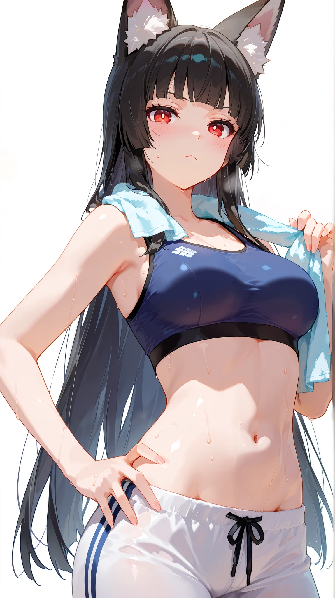 masterpiece, top quality, best quality, official art, beautiful and aesthetic:1.2),(8k, best quality, masterpiece:1.2), (((masterpiece))),(((best quality))),(((extremely detailed))), illustration, who, (masterpiece, top quality, best quality, official art, beautiful and aesthetic:1.2),(8k, best quality, masterpiece:1.2), miyabizzz, black hair,red eyes,blunt bangs,hime cut,fox girl,bright pupils, 1girl, animal ears, solo, black hair, navel, breasts, long hair, towel, red eyes, white background, sports bra, simple background, animal ear fluff, hand on own hip, fox ears, blue sports bra, blush, looking at viewer, medium breasts, blunt bangs, sweat, pants, towel around neck, stomach, groin, closed mouth, holding, :<, midriff, white pants, very long hair