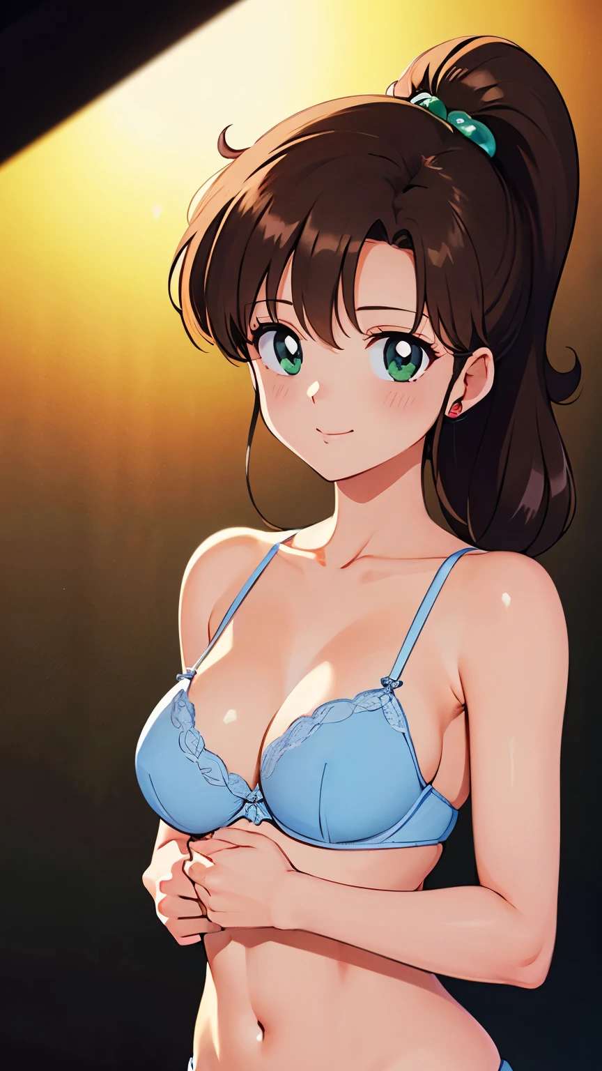  1 Woman ,Nervous smile,the above, upper body,  touches chest , standing in the spotlight, super realistic , top quality ,8k,  super high res, RAW photo, well-balanced body , beauty,Small and beautiful breasts,throw,sexy silk lingerie,sharpness,Approaching,Makoto Kino,