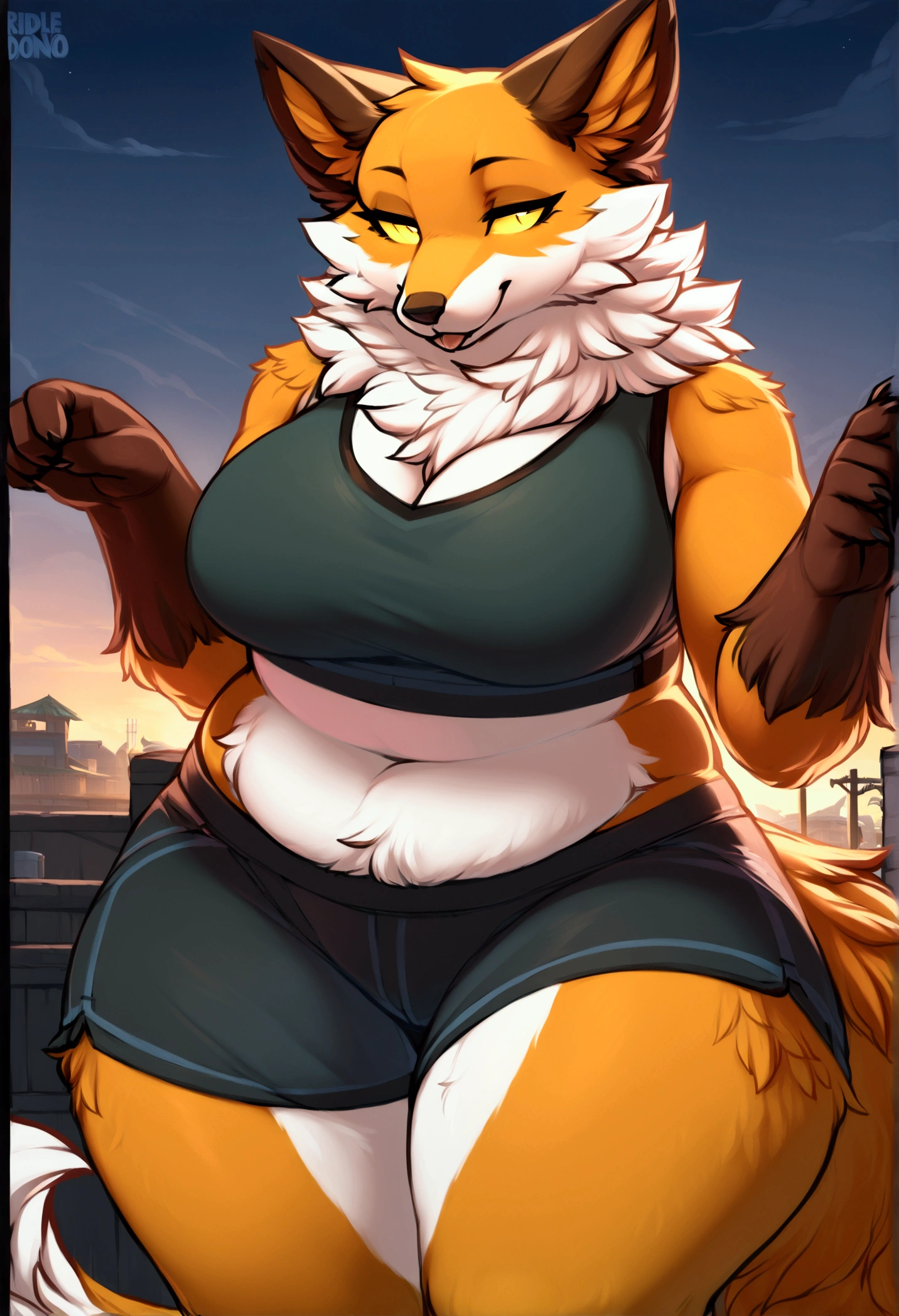 by fluff-kevlar, by Zackary911, by Kenket, by Kilinah, by fluff-kevlar, (masterpiece), (best quality), (anthro furry:1.3, snout:1.2, anthro:1.3, furry:1.2, solo female:1.2), (extremely detailed:1.3), (curvaceous figure, thick figure), (curvy body), (curvaceous body), (huge breasts), (huge thighs), (huge butt), (very tall), fully clothed, modern clothing, casual clothing, (annoyed expression, intimidating pose), city background, short hair, yellow hair, wolf, yellow eyes,