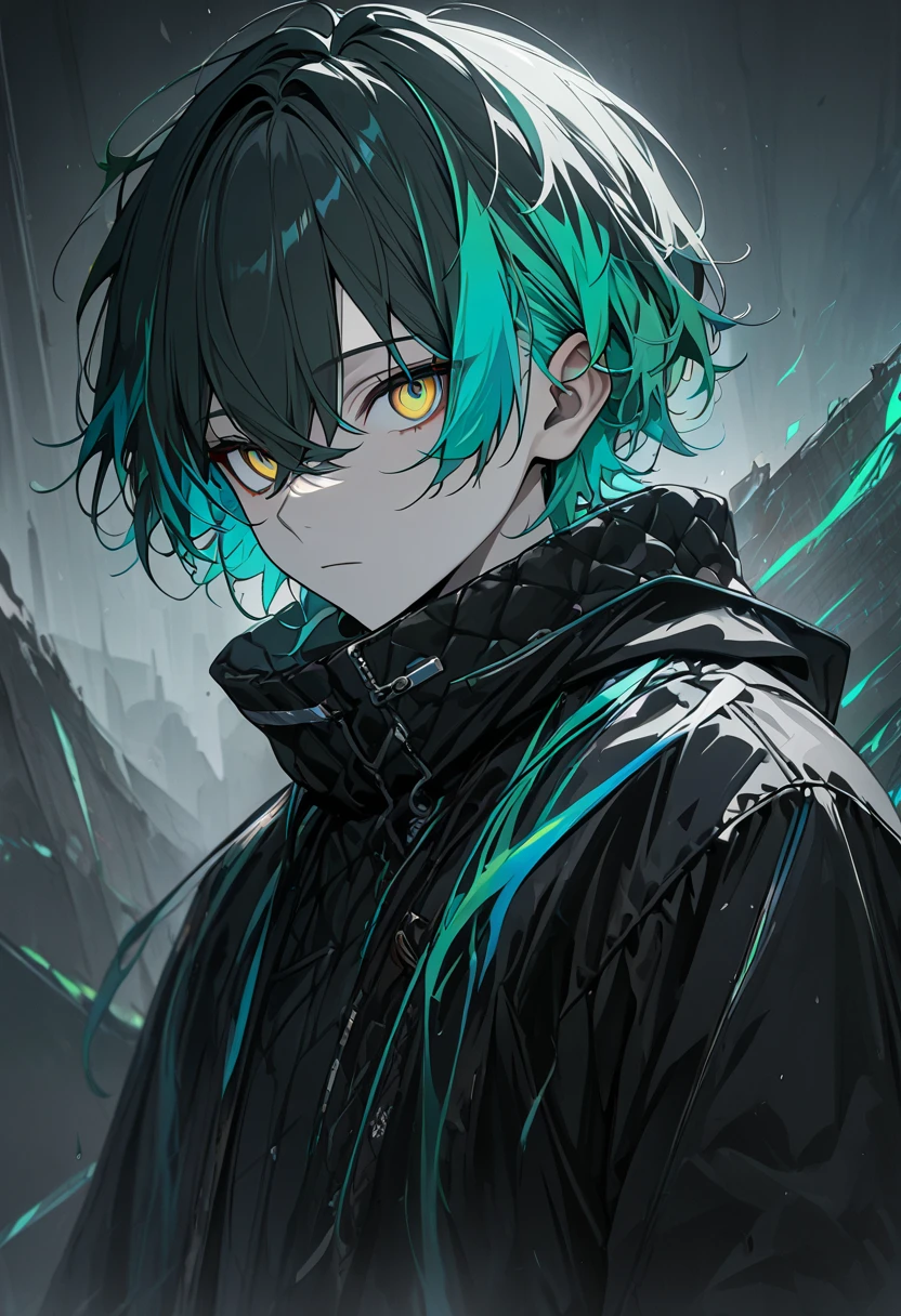 1 male, short hair, green hair with strands of cyan hair, MULTICOLORED Hair, yellow eyes, (best quality,4k,highres,masterpiece:1.2), black coat, dark atmosphere, teenager, expressionless, emotionless. 