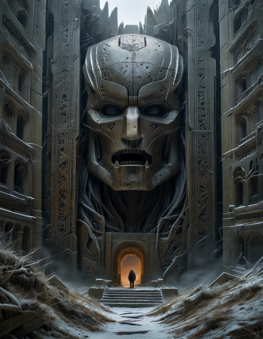 A striking dark surrealism artwork, reminiscent of Zdzisław Beksiński's unique style, carvings depict the fierce visage of a robotic iron-man mask, intertwined with swirling snow and mythical patterns, now abandoned and half-buried in the shifting snows. The monument’s surface is cracked and worn, with faint traces of its legendary origin still visible. A group of figures stands nearby, dwarfed by the monument’s immense scale, gazing up at it in awe and wonder, as though seeking answers from a bygone era of myth and magic.