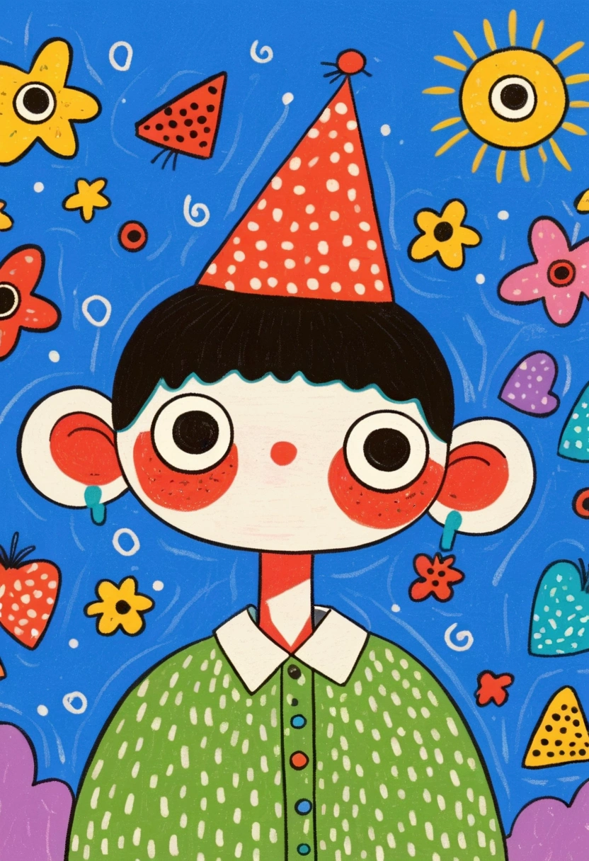  A painting，Pastel Art， Hand drawn cartoon style,   2 d gouache illustration  ,  Colorful illustration , Cute cartoon ,   cute illustration ： Cute boy，Round eyes，Red Nose，triangular cone cap，Birthday hat