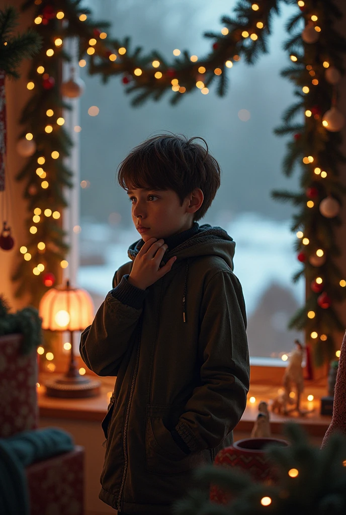 a beautiful boy, 14 years, rasgos Europeans muy finos, Brown hair, blue eyes, sad look, peaceful look, very sensible, very sad, ELEGANT DRESS, European, London, rain, Cold, winter, snow, Christmas, loneliness, melancholia, fire in the room, Chimney.