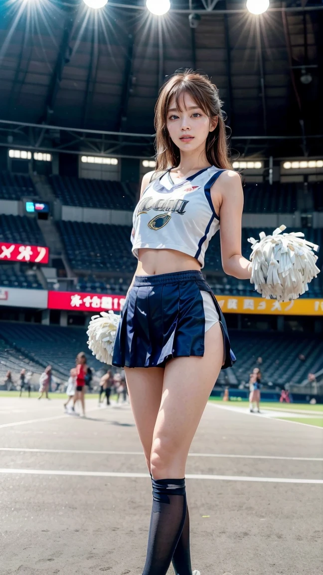 A beautiful young Japanese woman, 20 years old, with perfect anatomy, healthy thighs, beautiful feet, flawless skin, random hair color and style, large bust, (she is standing:1.2), wearing a cheerleader uniform with micro-pleated miniskirt, in a full body shot, standing in a stadium, (best quality,4k,8k, highres, masterpiece:1.3), (extremely detailed:1.2), Ami Inamura