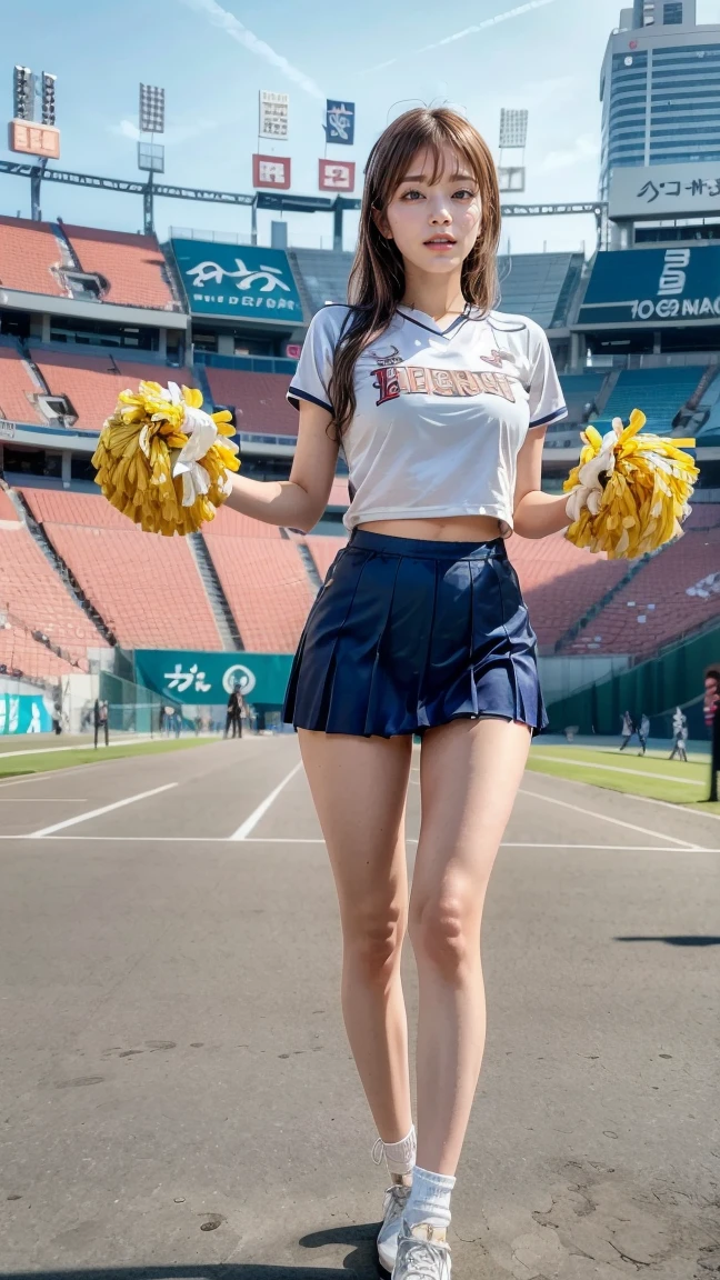 A beautiful young Japanese woman, 20 years old, with perfect anatomy, healthy thighs, beautiful feet, flawless skin, random hair color and style, large bust, (she is standing:1.2), wearing a cheerleader uniform with micro-pleated miniskirt, in a full body shot, standing in a stadium, (best quality,4k,8k, highres, masterpiece:1.3), (extremely detailed:1.2), Ami Inamura