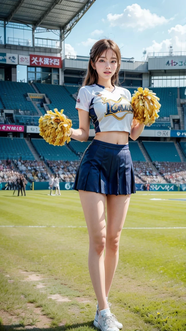 A beautiful young Japanese woman, 20 years old, with perfect anatomy, healthy thighs, beautiful feet, flawless skin, random hair color and style, large bust, (she is standing:1.2), wearing a cheerleader uniform with micro-pleated miniskirt, in a full body shot, standing in a stadium, (best quality,4k,8k, highres, masterpiece:1.3), (extremely detailed:1.2), Ami Inamura