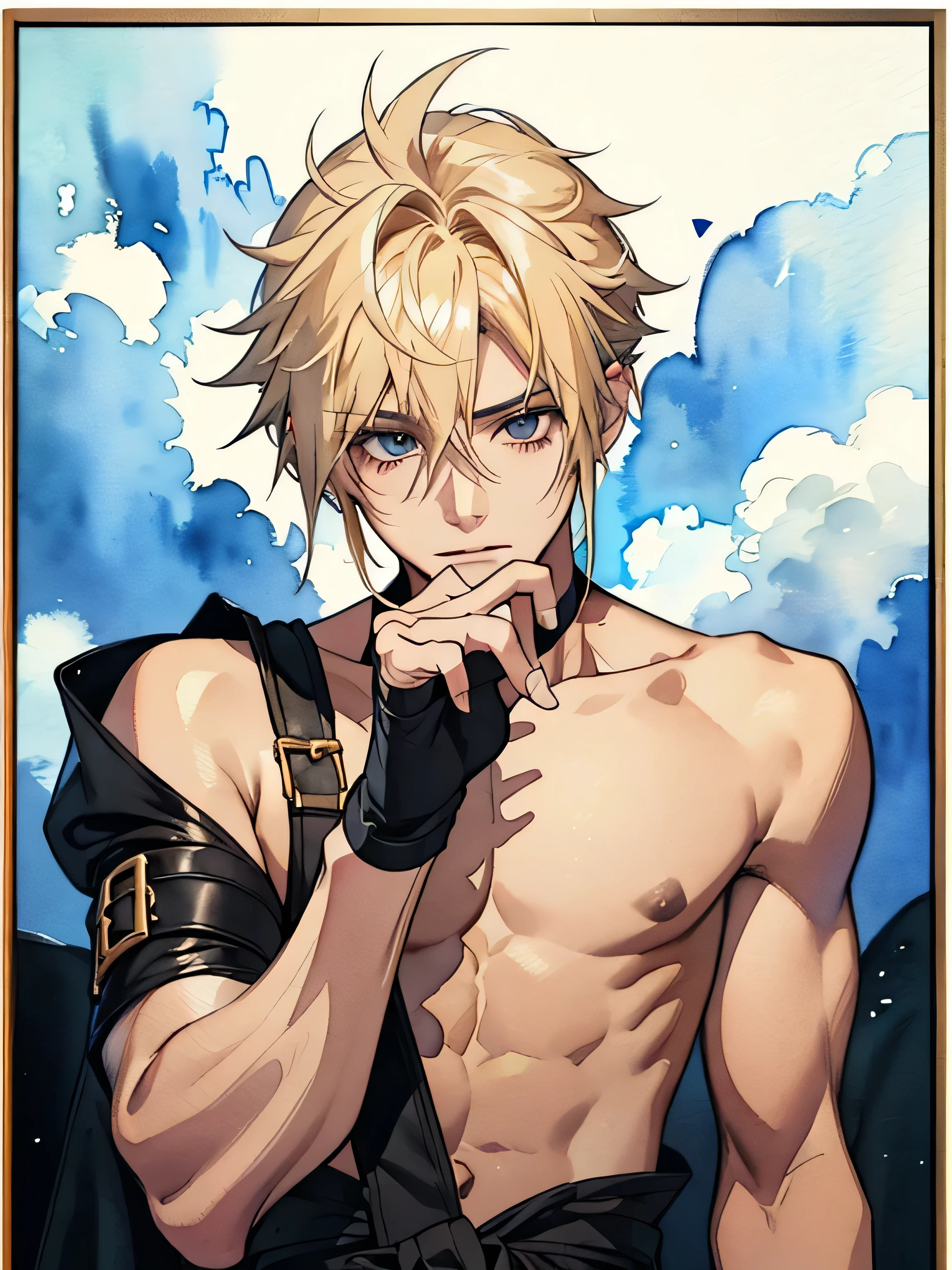 Beautiful man，Gay, masterpiece， top quality ， High Contrast , The upper body is naked,  close-up chest ,  interactive expression ,  short detailed hair ,  erotic,  shorts,  black socks, Foot fetish, (High quality watercolor painting :1.3),  gold hair、　cloud strife, 