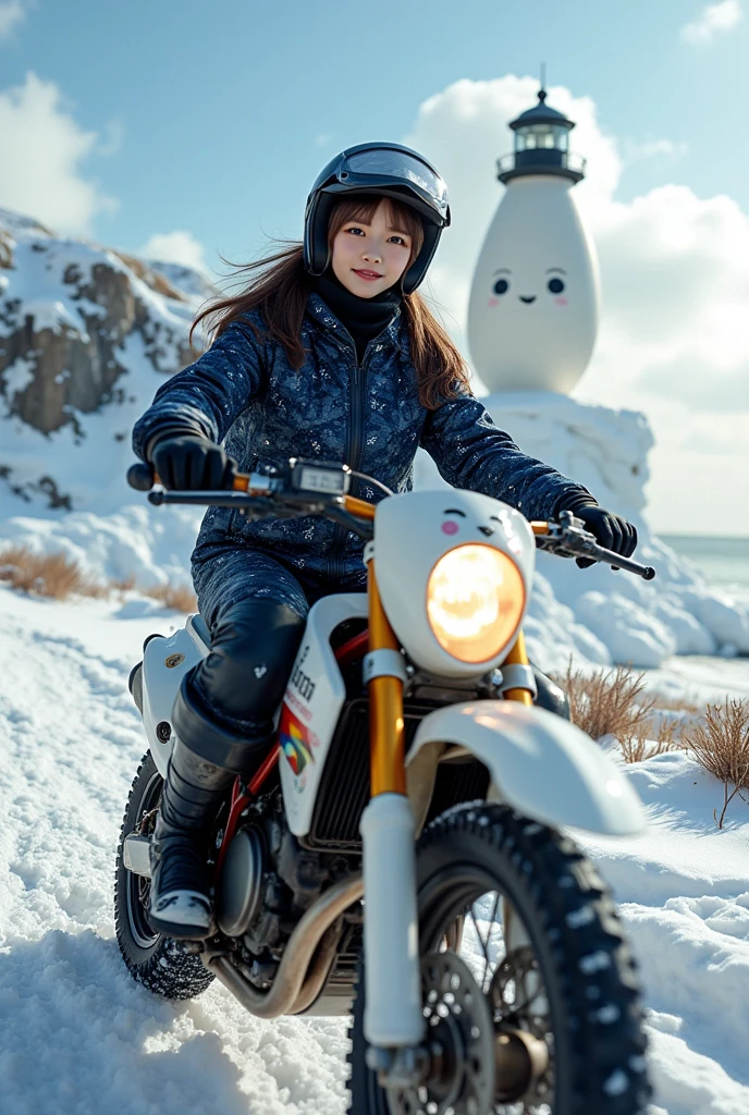 ultra-realistic, photorealistic, dramatic scene, shadow, global-illumination, solo, very beautiful Japanese woman, she is high school student but professional off-road motorcycle rider, She is riding a Kawasaki's off-road motorcycle, in front of the huge daikon radish shaped lighthouse on the cliff, at the snow covered dirt road, wearing a very cute fast-look neon patterned winter riding jacket with warm over pants, leather winter glove, loose fitting wears, wearing a fast-look patterned SHOEI full-face off-road-helmet with a transparent visor, beautiful detailed her eyes, the white daikon that printed on the side of her motorcycle is 1 daikon\(large, very cute white daikon radish character, very cute smiled face, detailed surface texture, chubby, medium-long, full body\), professional lighting, warm winter sunshine, she looks so happy, She shows exceptional skill in high-speed riding, (amazing view of ocean with a daikon radish painted lighthouse), lighthouse\(large, very cute white daikon radish character, very cute smiled face, chubby, medium-long, full body, small hands\), (shoot from below)