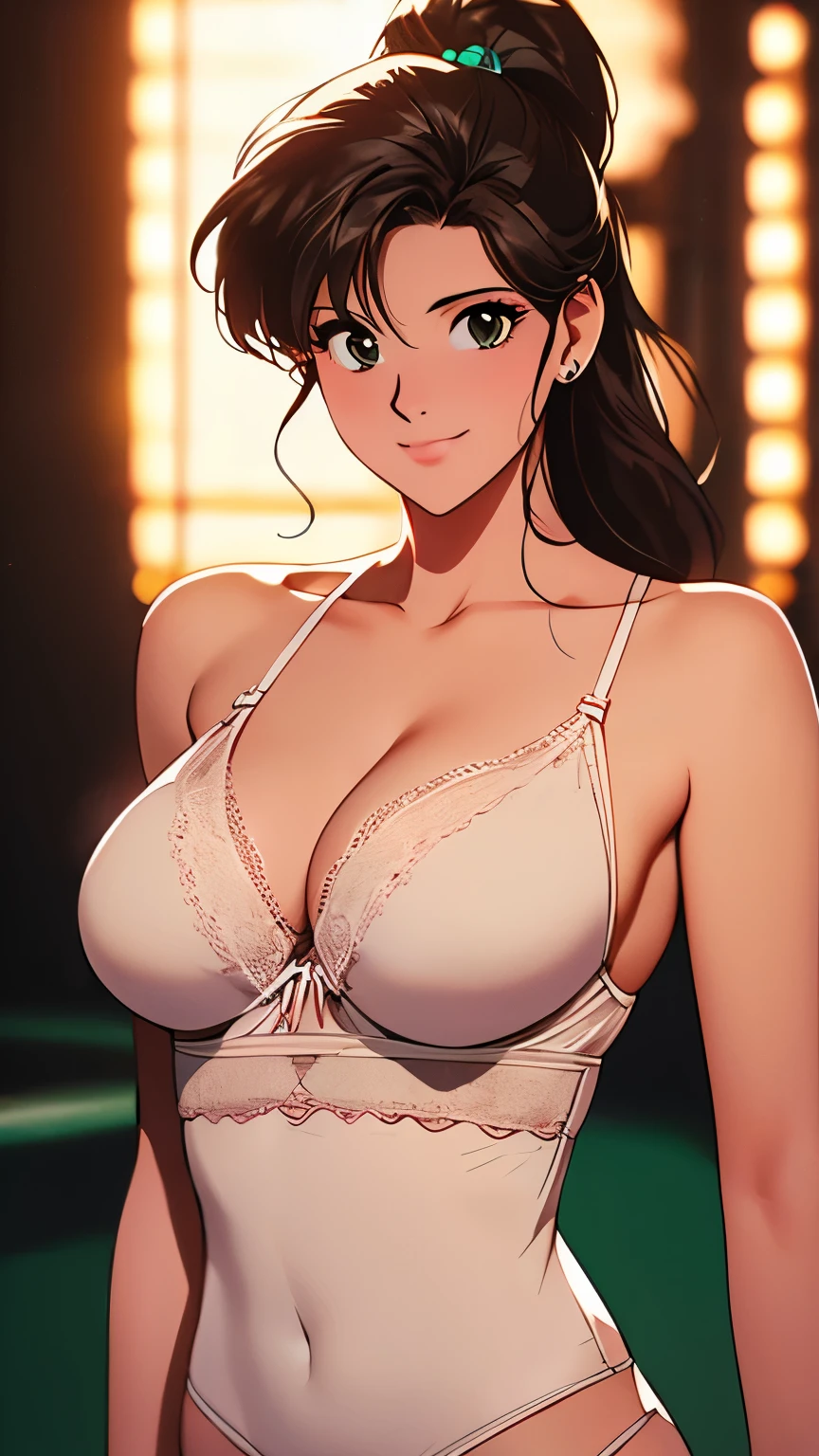  1 Woman ,Nervous smile,the above, upper body,  touches chest , standing in the spotlight, super realistic , top quality ,8k,  super high res, RAW photo, well-balanced body , beauty,Small and beautiful breasts,throw,sexy silk lingerie,sharpness,Approaching,Makoto Kino,