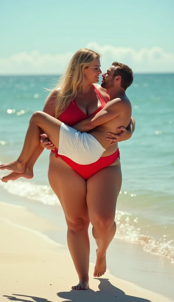 Chubby bbw thic fat blonde woman, chubby belly, blonde hair, wearing black bikini, standing-up in the pool, boyfriend hugging from behind, 4 men watching, kissing with boyfriend, heterosexual couple, 4 men, several man, romantic, love, view from the side