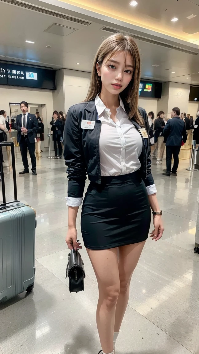 A beautiful, 24-year-old Japanese woman with perfect anatomy, healthy thighs, beautiful legs, beautiful skin, random hair color and style, large breasts, (wearing a flight attendant uniform with a mini-skirt:1.3), (she is standing:1.2), full body shot, pumps, carrying a suitcase, at the airport, (best quality,4k,8k,highres,masterpiece:1.3),(extremely detailed:1.2),realistic,photorealistic,photo-realistic:1.37,professional,vivid colors, studio lighting, Ami Inamura