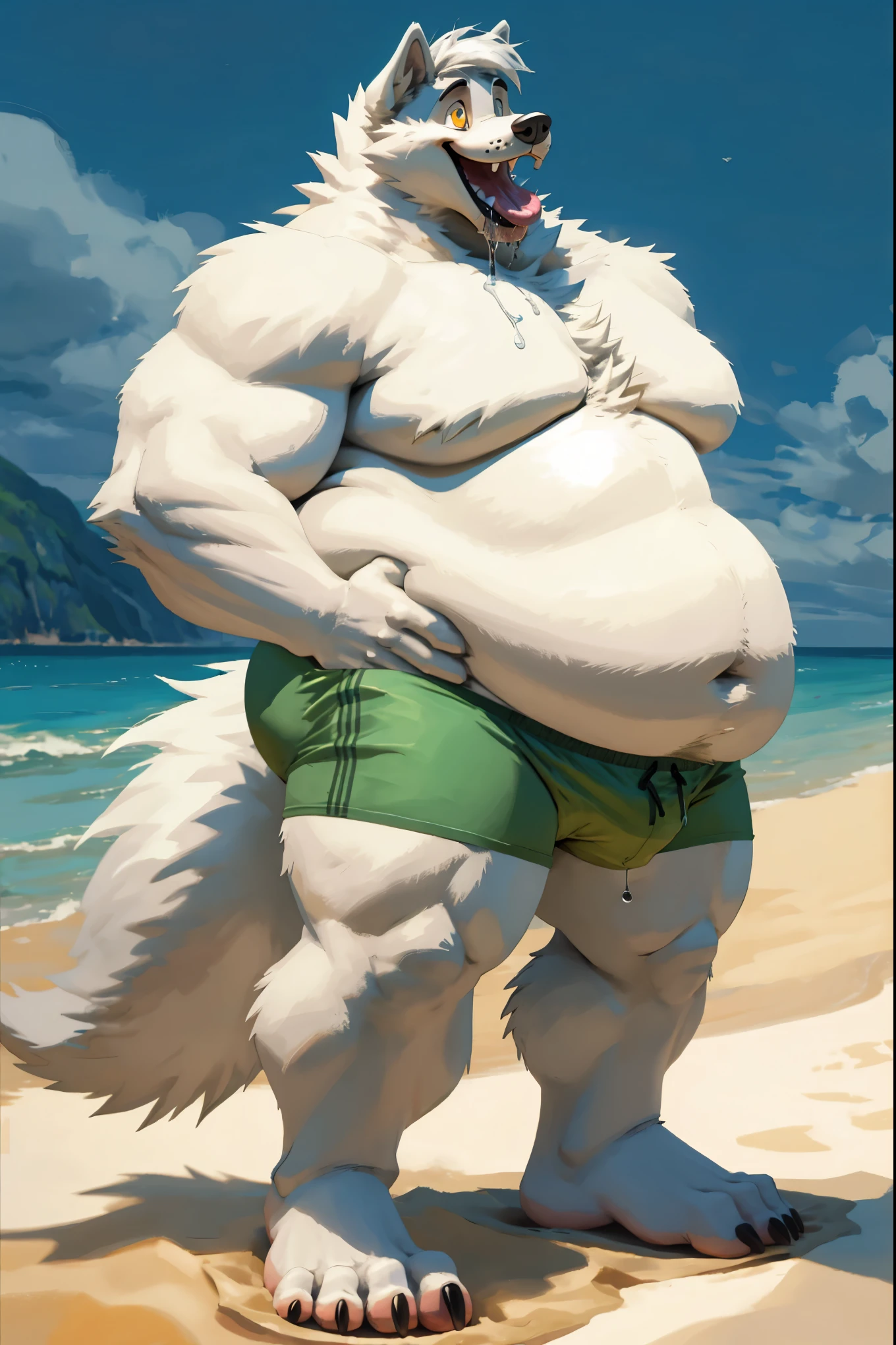 (Anthro realistic fur (Panda gouhin _Beastars), (((cigarette, (cigarette in mouth:1),one smoking, smoke cloud,one cigarette smoke))) (headshot:0.9) realistic (photo:1.3), chest musclegut, male, (manly:1.2), (panda, panda bear), ((dark eyes, black eyes, no eyes):1.25), realista gohin_Beastars-gouhin , black ears, topless, animal, ((verg sweat :1.4)), claws in five of dark, character,panda fur, (furred arms:1.2), beach, close up portrait, bokeh, depth of field photorealistic, detailed background,calzoncillo in sumo por black, verg half bulge