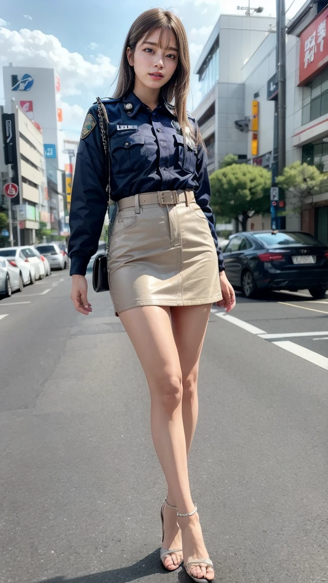 beautiful Japanese woman, 22 years old, perfect anatomy, healthy thighs, beautiful legs, beautiful skin, random hair color, random hairstyle, large breasts, female police officer, (Japanese police uniform:1.3), (miniskirt:1.3), (she is standing:1.2), full body shot, high heels, city street, (best quality, 4k, 8k, highres, masterpiece:1.3), (extremely detailed:1.2), Ami Inamura