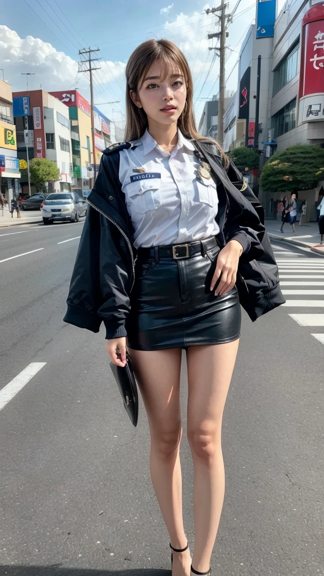 beautiful Japanese woman, 22 years old, perfect anatomy, healthy thighs, beautiful legs, beautiful skin, random hair color, random hairstyle, large breasts, female police officer, (Japanese police uniform:1.3), (miniskirt:1.3), (she is standing:1.2), full body shot, high heels, city street, (best quality, 4k, 8k, highres, masterpiece:1.3), (extremely detailed:1.2), Ami Inamura