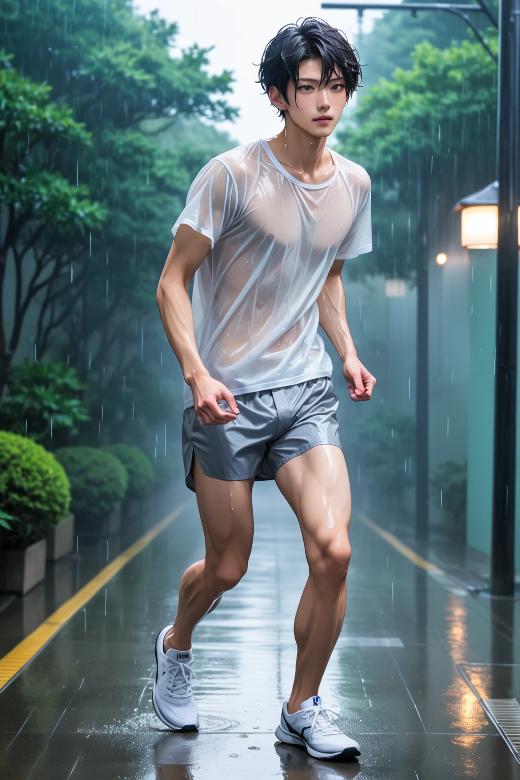 Behold a fashion editorial photo shoot featuring a photogenic and charming 18 year yod male supermodel, natural pale skin tone with a fit and slander body stands confidently under a rain, The camera angle is a dramatic low-angle shot, looking up at the model from below, creating a sense of power and dominance in the composition. The model wears white sheer pants with thick bulge, white wet t shirt, which emphasizes his athletic physique, particularly his toned legs and strong posture. His stance is wide and firm, with one arm slightly extended forward, creating a dynamic perspective that draws the viewer's eye upward along his body to his face.
The environment is an raining and scattered clouds, contributing to the image's vibrant and energetic atmosphere. The sunlight is intense, casting strong, natural light on the model's body, which accentuates his muscular definition and adds depth to the image. adds a sense of realism and enhances the rainy feel of the scene.
The photograph is taken with a Canon EOS R5 camera paired with a Canon RF 16mm F2.8 STM lens. The wide-angle lens is perfect for capturing the model's full body while emphasizing the expansive sky above. The inspiration for this shot draws from the work of Bruce Weber, known for his bold, dynamic compositions and ability to capture the strength and beauty of the human form, soak clothes, wet hair and body:1.37, 
