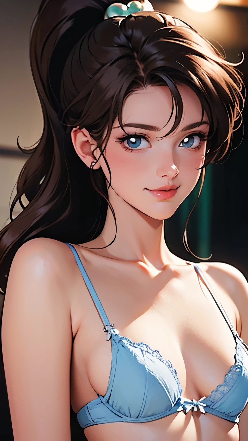  1 Woman ,Nervous smile,the above, upper body,  touches chest , standing in the spotlight, super realistic , top quality ,8k,  super high res, RAW photo, well-balanced body , beauty,Small and beautiful breasts,throw,sexy silk lingerie,sharpness,Approaching,Makoto Kino,