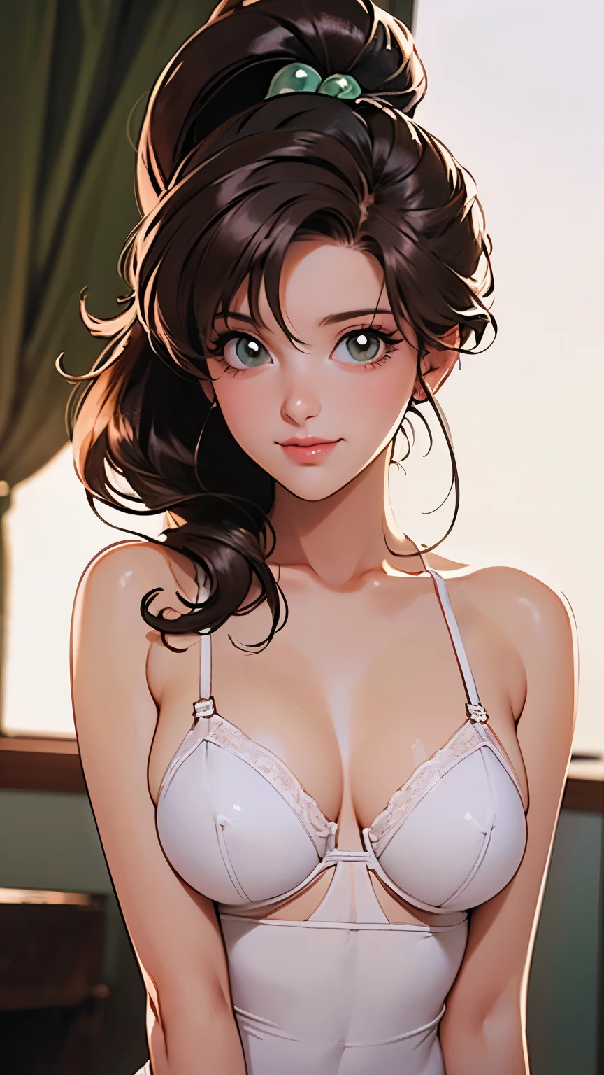  1 Woman ,Nervous smile,the above, upper body,  touches chest , standing in the spotlight, super realistic , top quality ,8k,  super high res, RAW photo, well-balanced body , beauty,Small and beautiful breasts,throw,sexy silk lingerie,sharpness,Approaching,Makoto Kino,