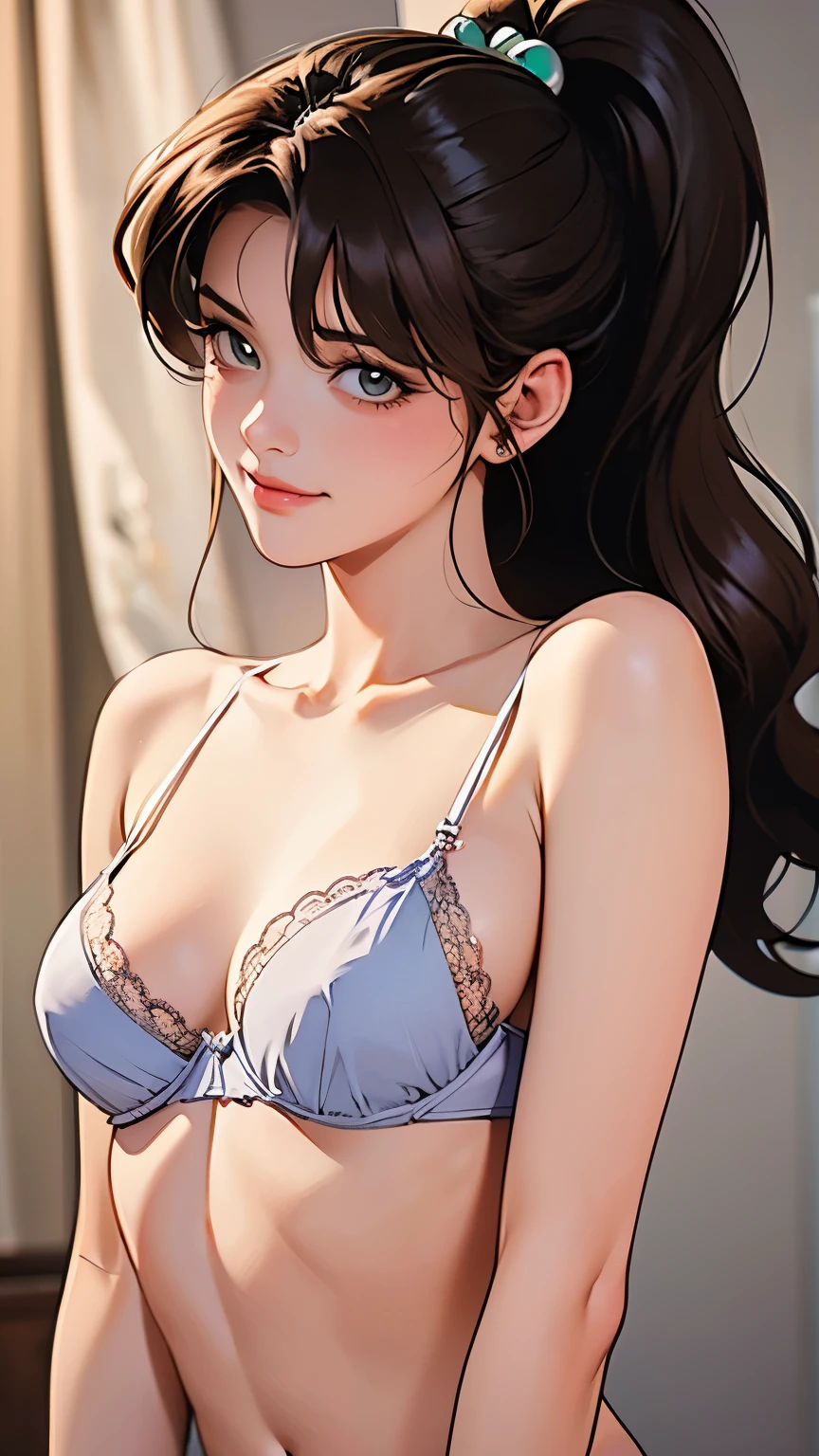  1 Woman ,Nervous smile,the above, upper body,  touches chest , standing in the spotlight, super realistic , top quality ,8k,  super high res, RAW photo, well-balanced body , beauty,Small and beautiful breasts,throw,sexy silk lingerie,sharpness,Approaching,Makoto Kino,