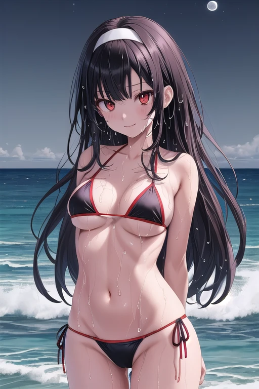 Long black hair Hollow eyes The background is the resort coast、Off the shoulder、Mohawk、Bikini Style、