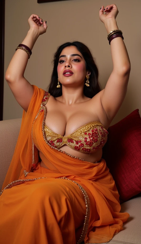 BBW, Indian mature woman wearing sleevless backless blouse and Saree , bangles in both hand and henna mehndi in both hands , earings, nose ring, lipstick, BIMBO curvy woman showing her Big massive cleavage, veil saree, seating on the sofa, Desi real indian, STRAIGHT HAIR,Hands stretched up straight in air showing dark hairy armpits doing yawning 