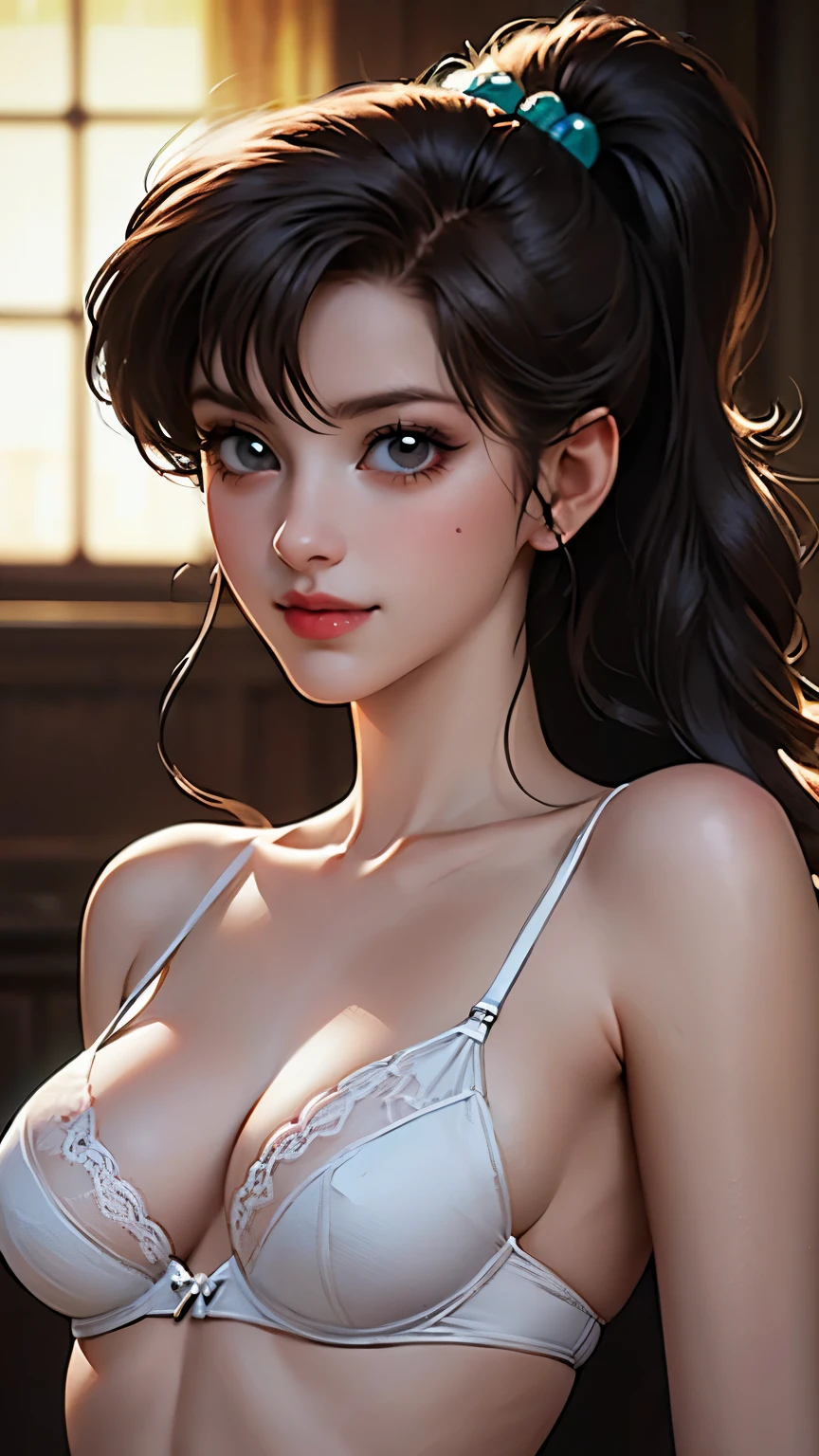  1 Woman ,Nervous smile,the above, upper body,  touches chest , standing in the spotlight, super realistic , top quality ,8k,  super high res, RAW photo, well-balanced body , beauty,Small and beautiful breasts,throw,sexy silk lingerie,sharpness,Approaching,Makoto Kino,