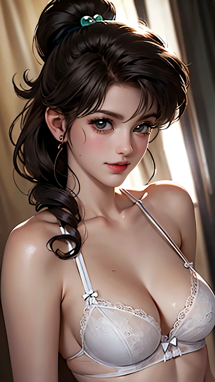  1 Woman ,Nervous smile,the above, upper body,  touches chest , standing in the spotlight, super realistic , top quality ,8k,  super high res, RAW photo, well-balanced body , beauty,Small and beautiful breasts,throw,sexy silk lingerie,sharpness,Approaching,Makoto Kino,