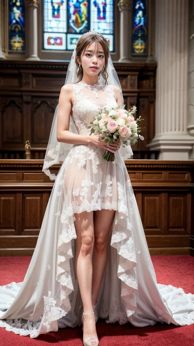 A beautiful young Japanese woman, 26 years old, with healthy thighs, beautiful legs, flawless skin, random hair color and style, large breasts, wearing a (wedding dress:1.3), (she is standing:1.2), full body shot, high heels, holding a bouquet in her hands, in a church setting, (best quality,8k, masterpiece:1.3), (extremely detailed:1.2), perfect anatomy, Ami Inamura