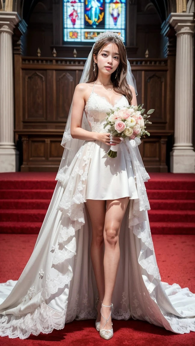 A beautiful young Japanese woman, 26 years old, with healthy thighs, beautiful legs, flawless skin, random hair color and style, large breasts, wearing a (wedding dress:1.3), (she is standing:1.2), full body shot, high heels, holding a bouquet in her hands, in a church setting, (best quality,8k, masterpiece:1.3), (extremely detailed:1.2), perfect anatomy, Ami Inamura