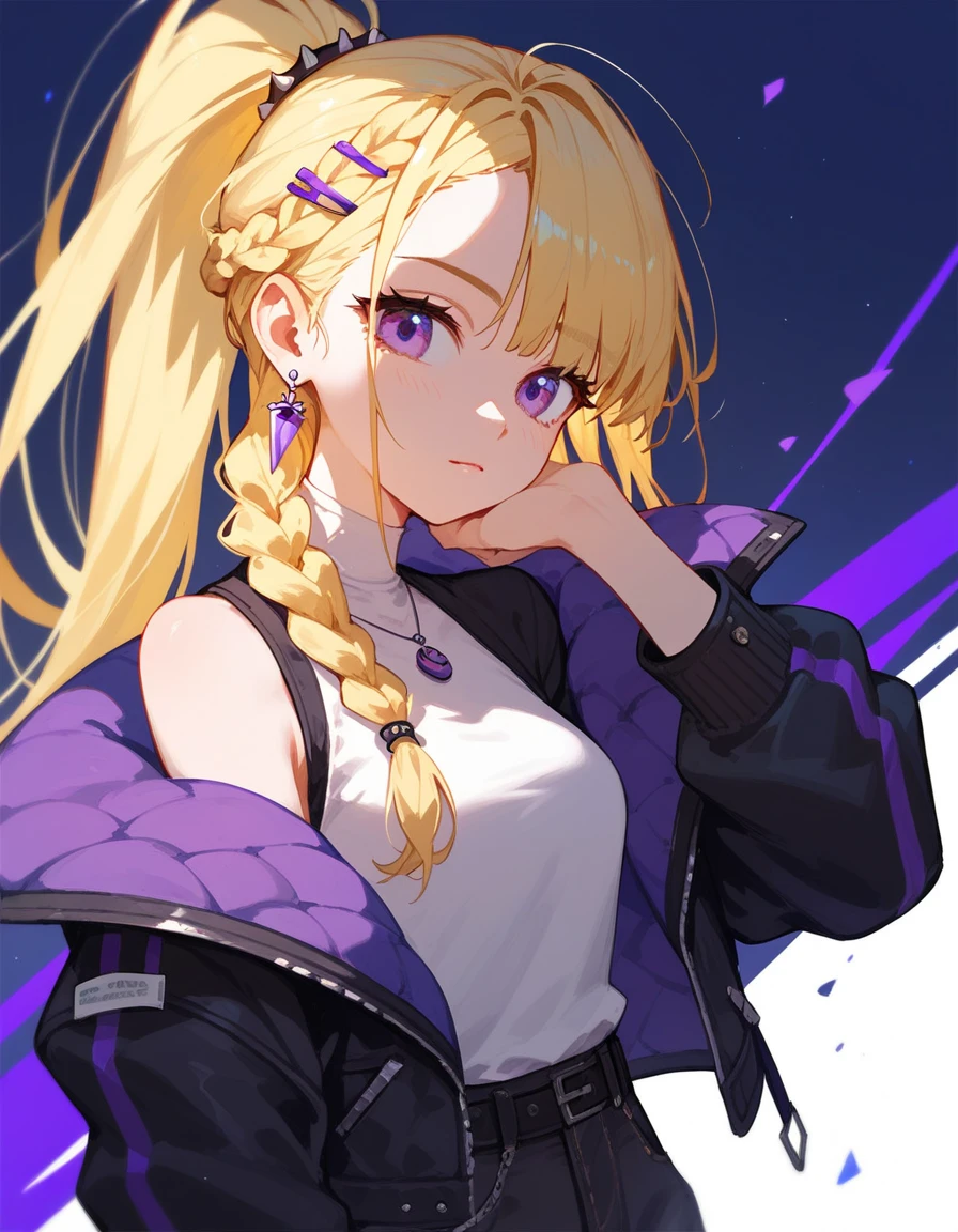 girl,Yellow hair, in purple eyes,Krian hair ,Long ponytail braid, medium face,Charming,Thin,Punk Hair ,cute,Black suit, Trousers,Long purple fabric earrings,