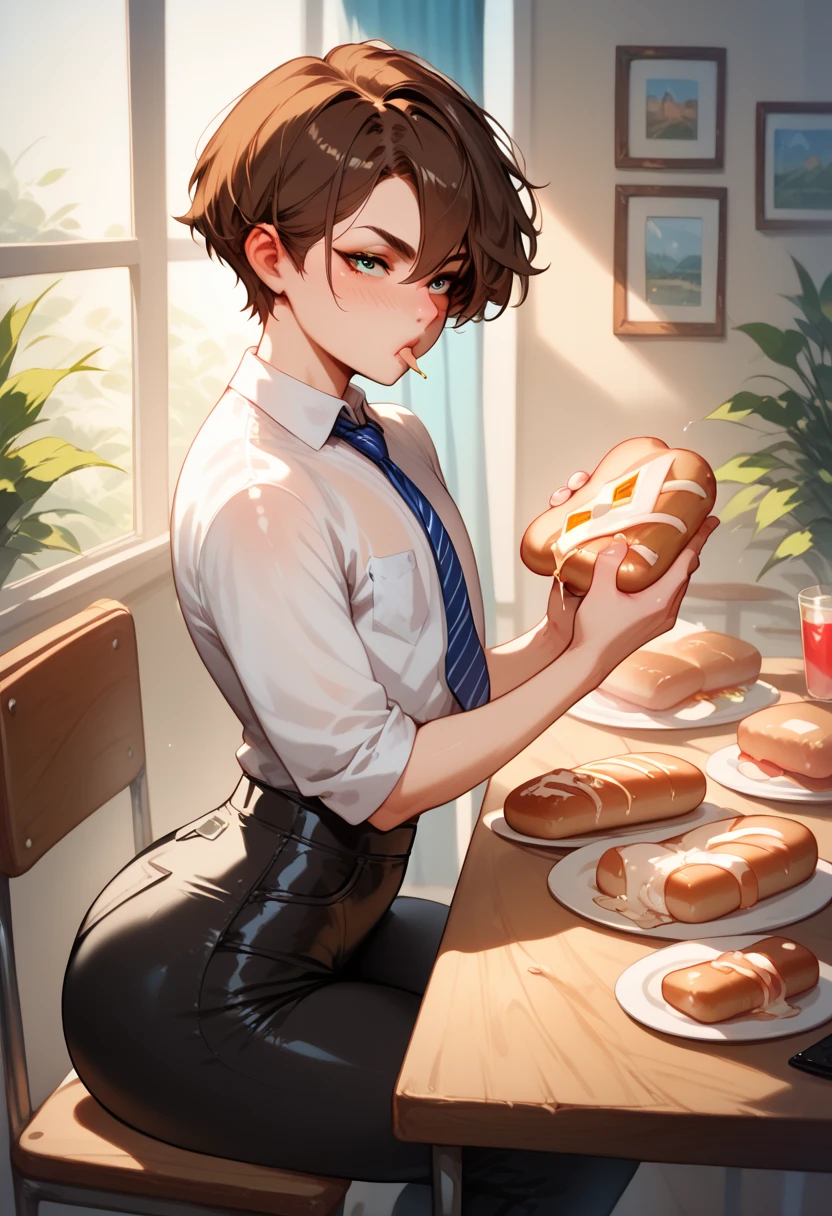 Femboy, short brown hair, big butt, tight unclipped shirt, black pants, united tie, sitting on the chair, leaning on table, looking at documents on table, eating bread, holding remote control, neutral expression, fromt view, in bedroom, solo, 