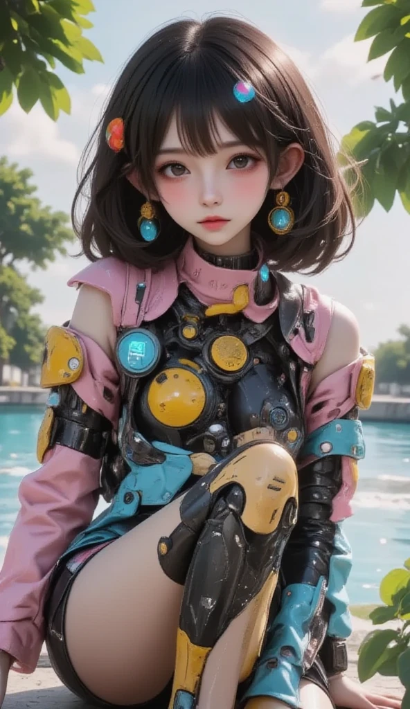  Cute Female Robot , heavy weapons, Glowing Joints and Gaps , 新 super detailed ,  brightly colored ,  dynamic pose,  highly detailed face and eyes , Complex Mechanical Design, Fantastic, Pastel Palette,  photorealistic,  cinematic lighting,  soft lighting ,  chiaroscuro,  cinematic lighting, Fuji Color, 8k, masterpiece, U high res, retina, masterpiece, Accurate,  anatomically correct ,  textured skin ,  super detailed ,   high detail ,  High Quality ,  Award-winning , 最 High Quality ,  high res, 1080P,  high res, 16k,  short bob haircut  ,  medium breasts,  messy hair,  two-tone、kneeling on the floor、 in the woods、blue sky、 black hair、 looking up at the sky、Full body portrait