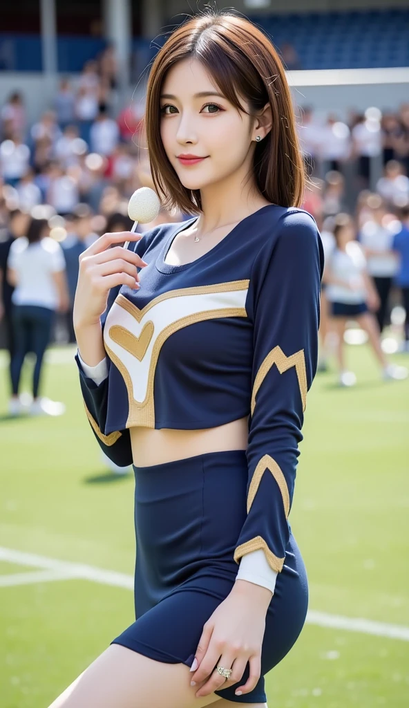 (((Full body photo)))、12Ｋ、ＨＤＲ、 bits deep 10 bits 、((Cheerleading team ))、 stadium halftime show(  light brown hair )、  random pose to take a picture of the front 、Portrait Style、Dancing with a smile、 tight waist、I have a bonbon in my hand、