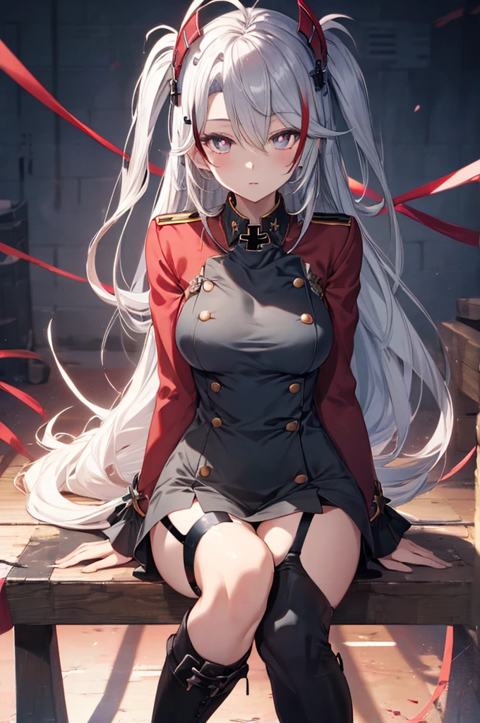 PrinzV4, 1girl, solo, gray hair, long hair, headgear, antenna hair, hair ornament, long sleeve,sideboob,cross, iron cross, black boots, garter straps, german flag,(upper body:1.3),sitting,masterpiece,Noise Reduction,perfect anatomy,high resolution, ultra-detailed, ultra-detailed face,game cg,dutch angle ,beautiful detailed eyes,visualart,five fingers, perfect hands, perfect lighting, sparkling pupils,