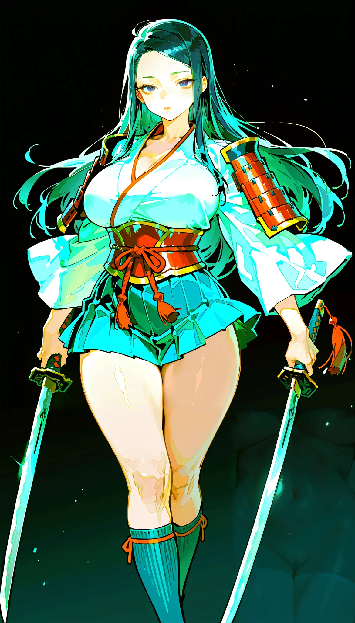 score_9, score_8_up, score_7_up,(hi-quality,high resolution),Black hair, straight long, [[parted in the middle]], forehead,(japanese armor,chest),white kimono, black miniskirt,knee socks, big breasts, dark eyes, slanted eyes, (curvy body),holding a sword, in battle,SimplePositiveXLv2