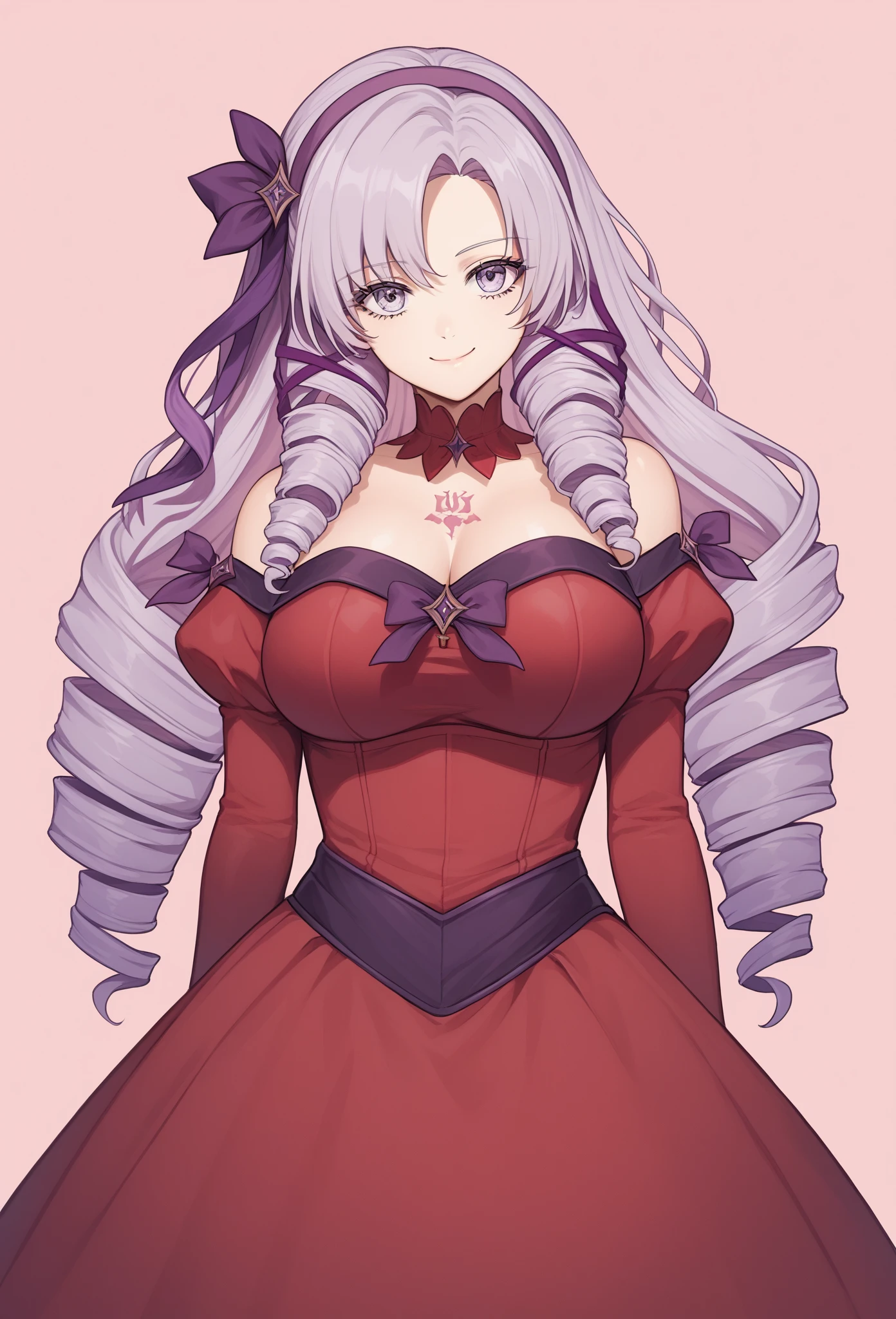 score_9, score_8_up, score_7_up, source_anime, hs1, purple eyes, bangs, parted bangs, purple hair, light purple hair, long hair, drill hair, tattoo, chest tattoo, ribbon, hair ribbon, purple ribbon, hairband, bare shoulders, dress, red dress, long sleeves, juliet sleeves, smile, happy, closed mouth, large breasts, looking at viewer, simple background, pink background