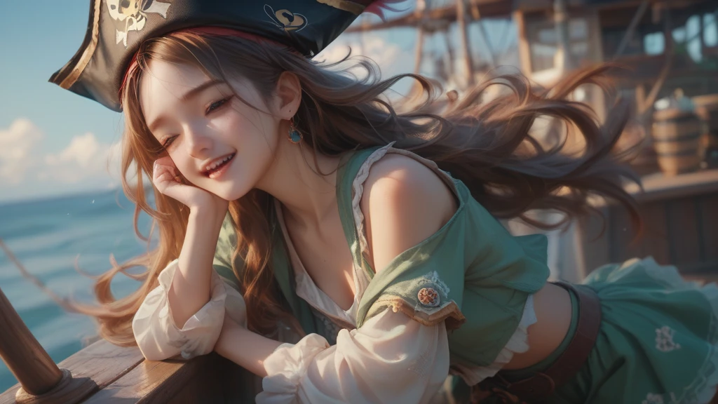 Adventurer、 cute girl、 brown hair long hair 、bar、pirate、Pleasure boat