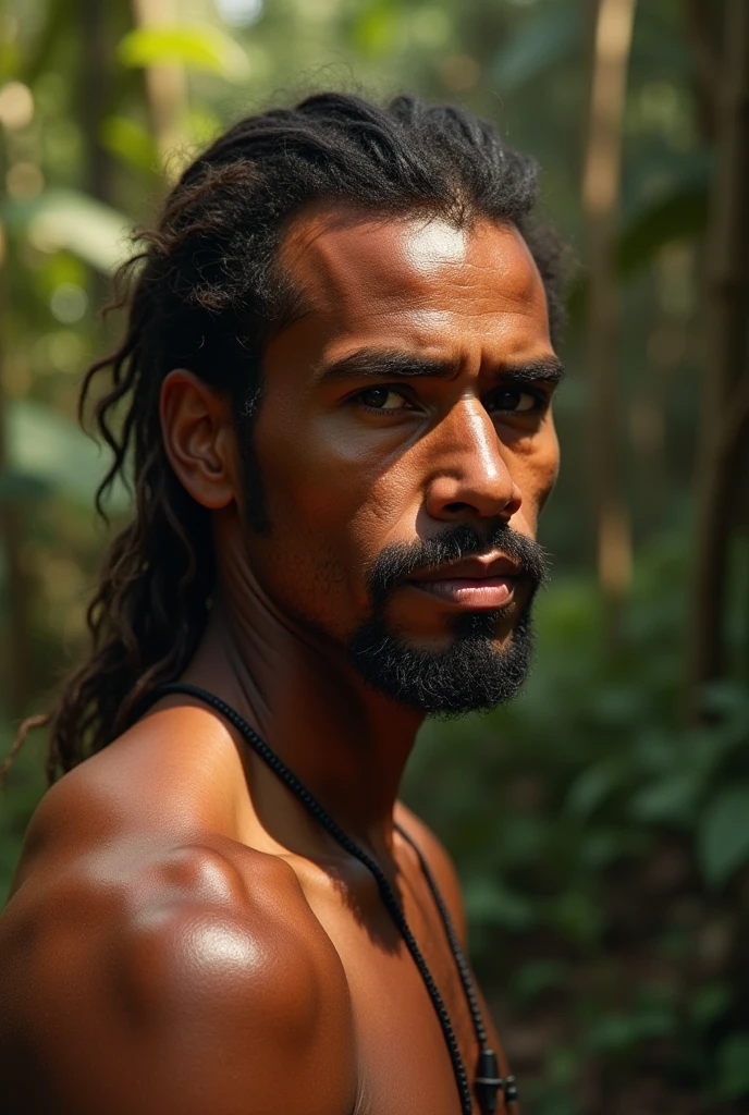 Um jovem homem negro de cabelo castanho ondulado, He is slender, mas musculoso. He is shirtless and has a huge scar on his neck and chest. He has his arms crossed and a flirtatious smile on his lips. In the background is a forest.